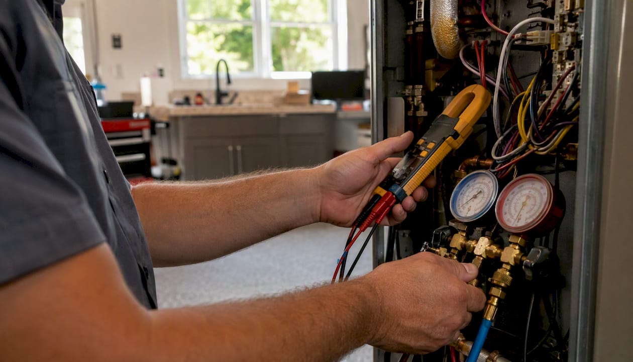 Hands operating HVAC diagnostic tools during heating check