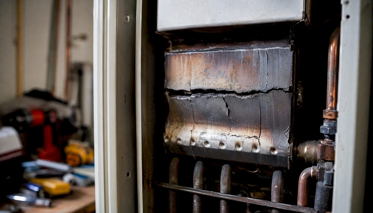 Cracked heat exchanger close-up indicating safety hazard
