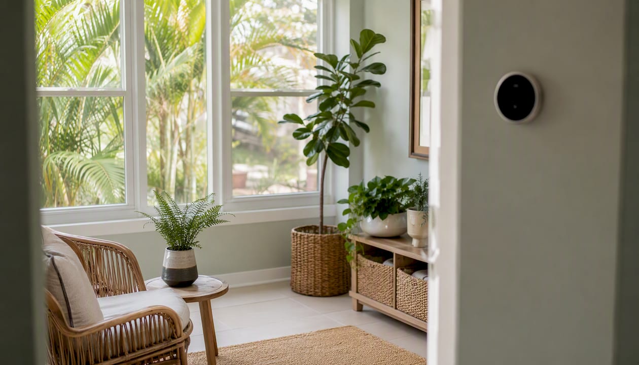 Bright living room indicating smart thermostat energy savings