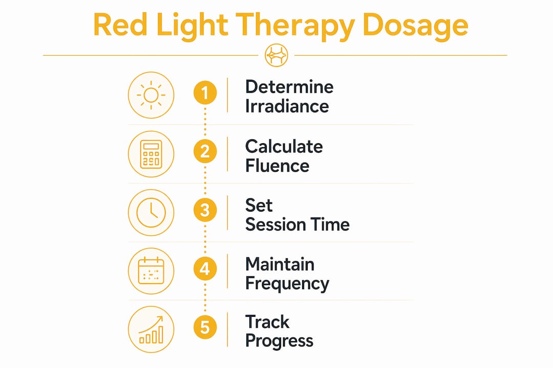 Infographic illustrating red light therapy dosage steps