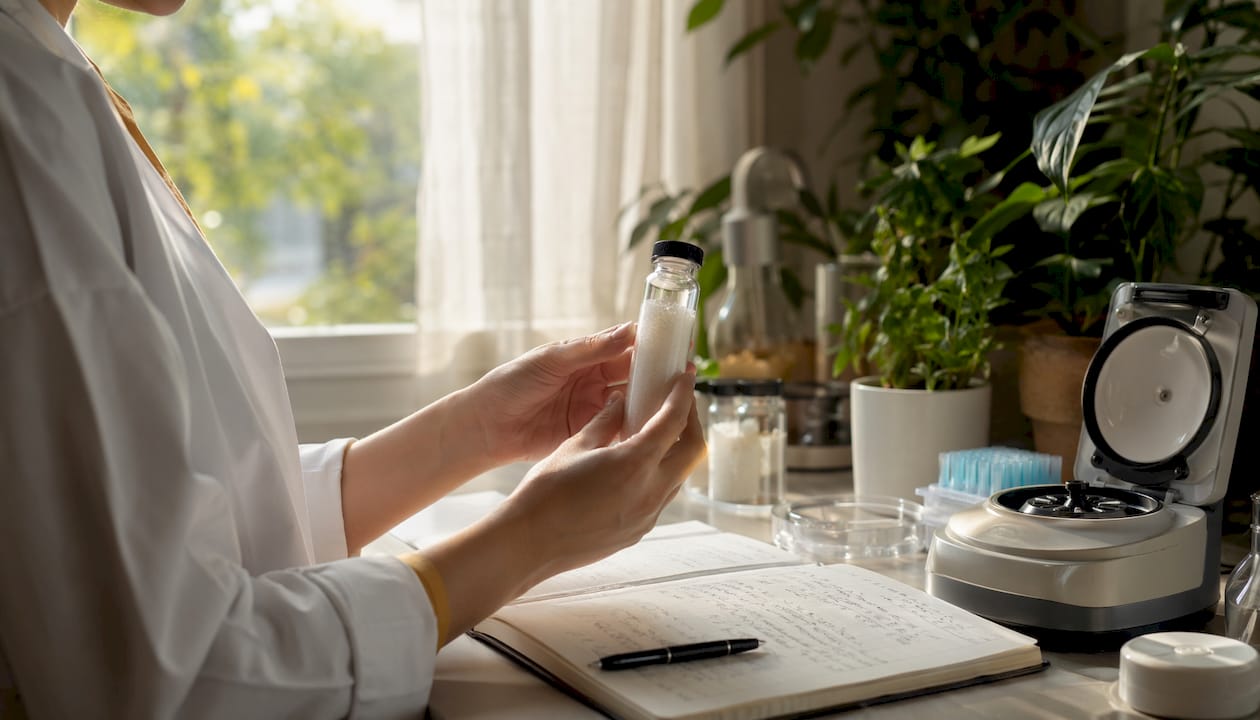 Scientist holding collagen peptides vial in lab