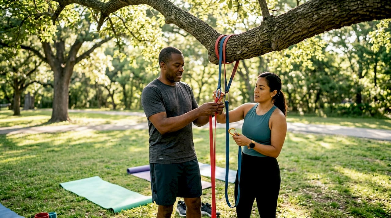 Hands adjusting resistance bands during training session