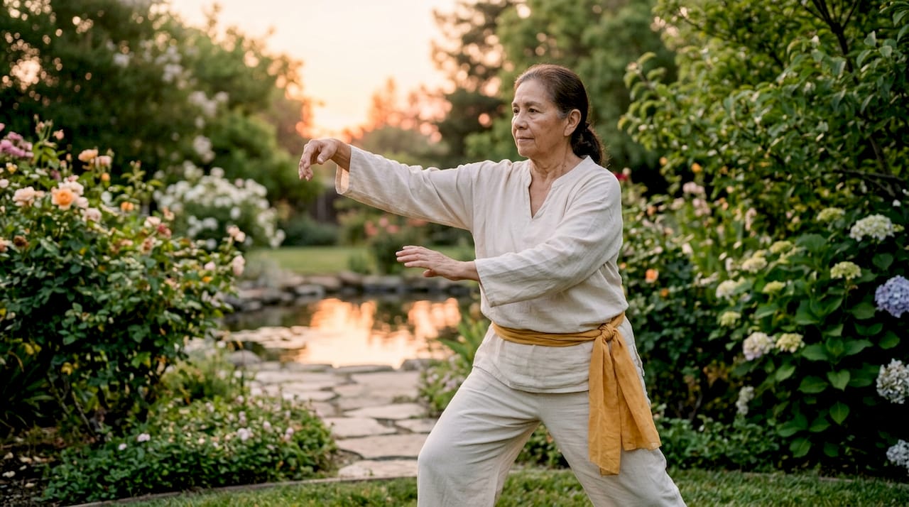 Elderly woman practicing tai chi outdoors