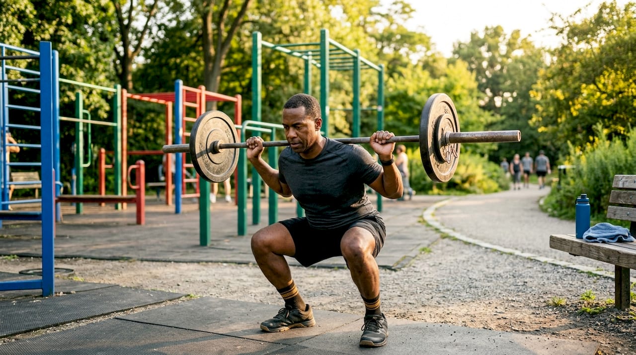 Man performing weighted squats in gym