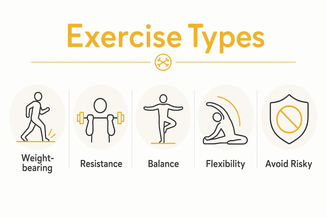Infographic illustrating key exercise types for osteoporosis prevention