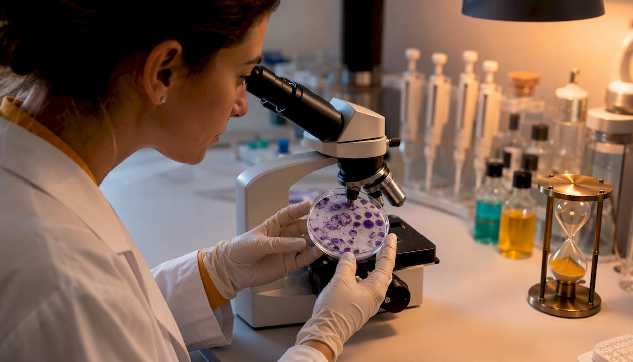 Hands holding petri dish with bone cells