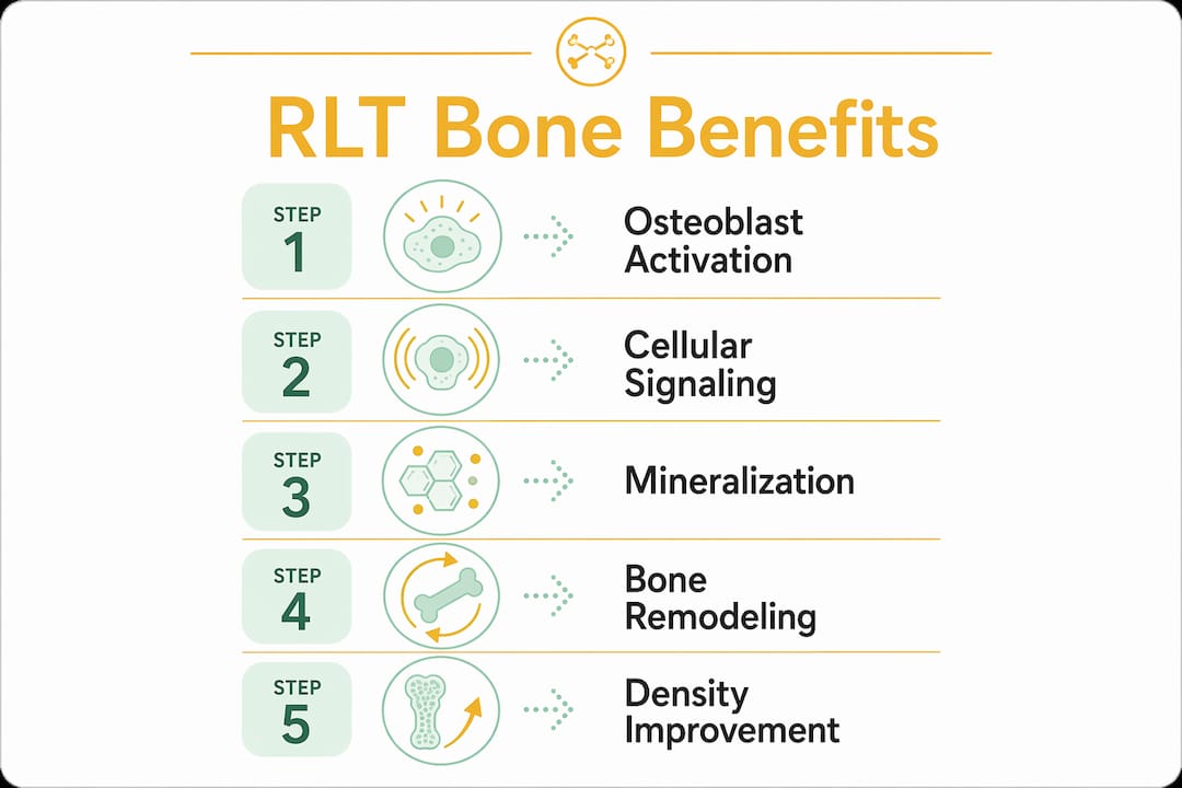 Infographic showing red light therapy bone density steps