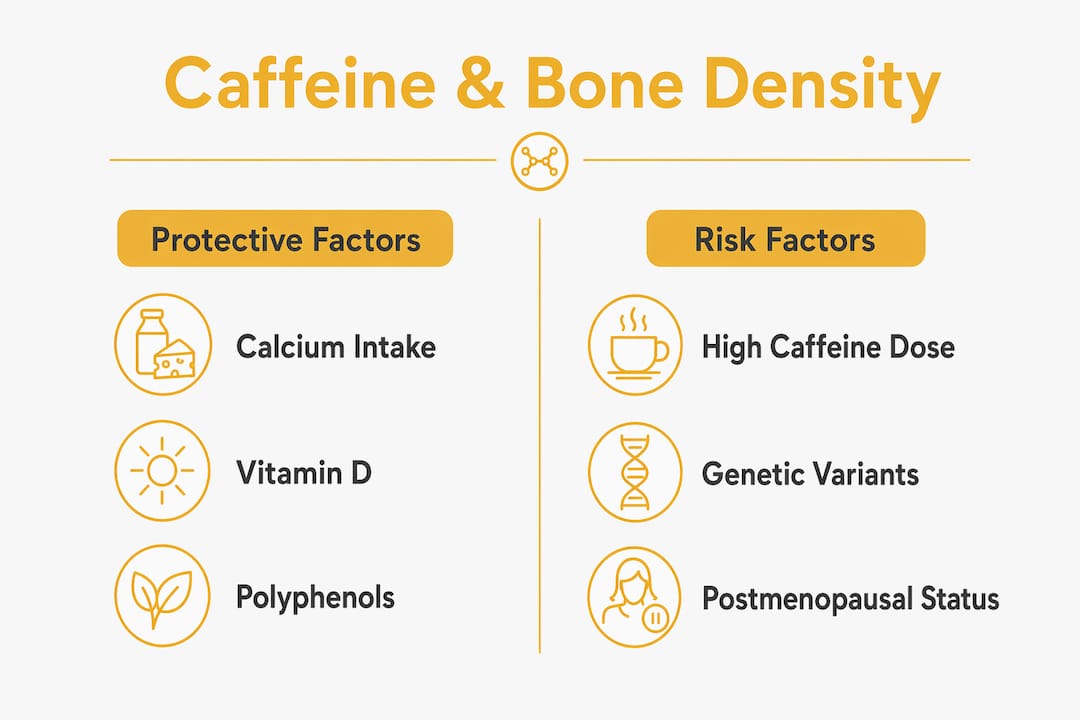 Infographic showing protective and risk factors for caffeine's effect on bones