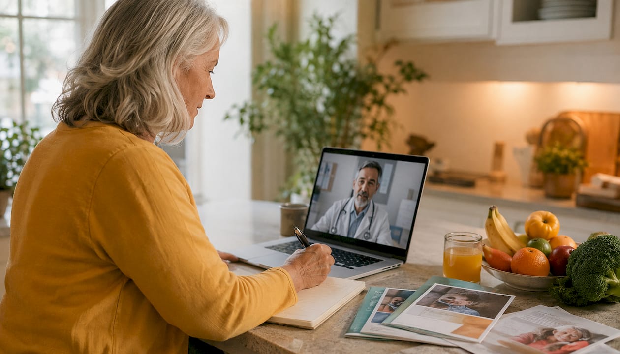 Elderly woman review medical clearance documents