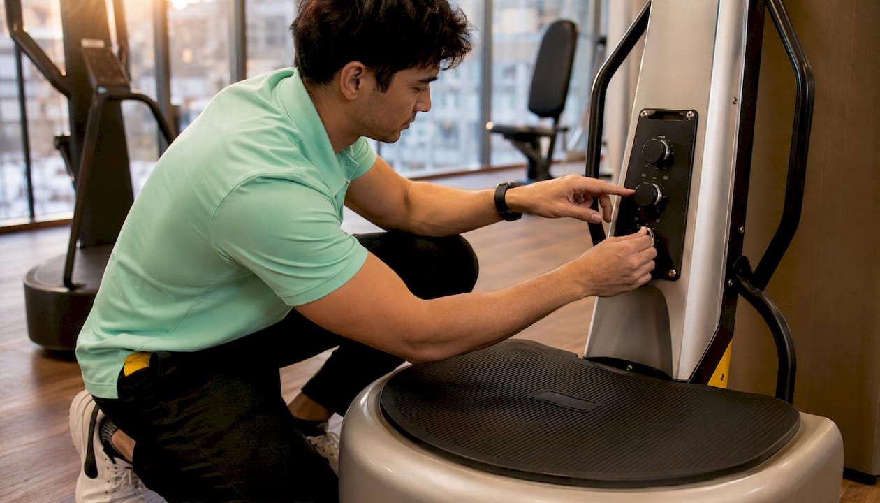 Technician adjusts vibration plate settings