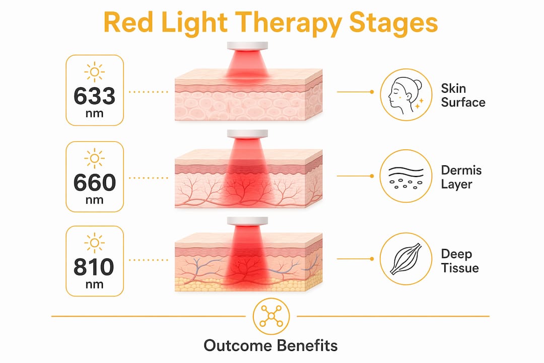 Infographic showing red light therapy wavelength stages and effects