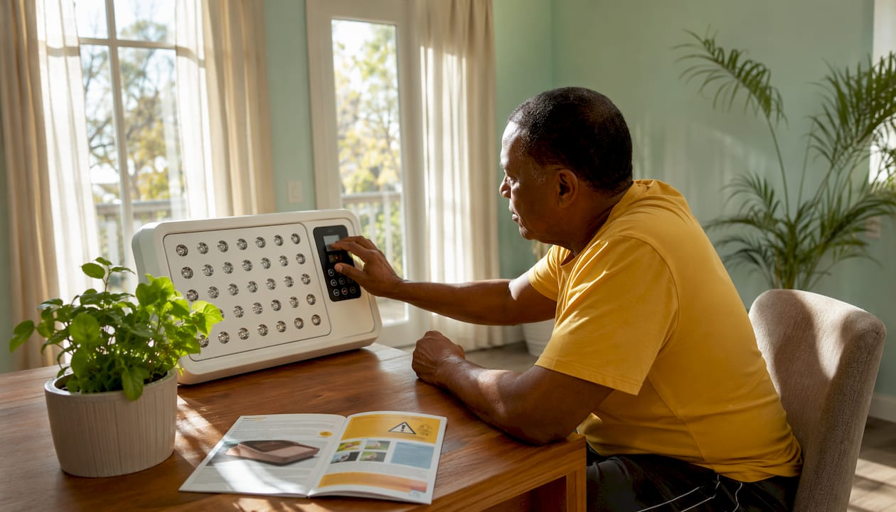 Patient adjusting red light therapy device cautiously