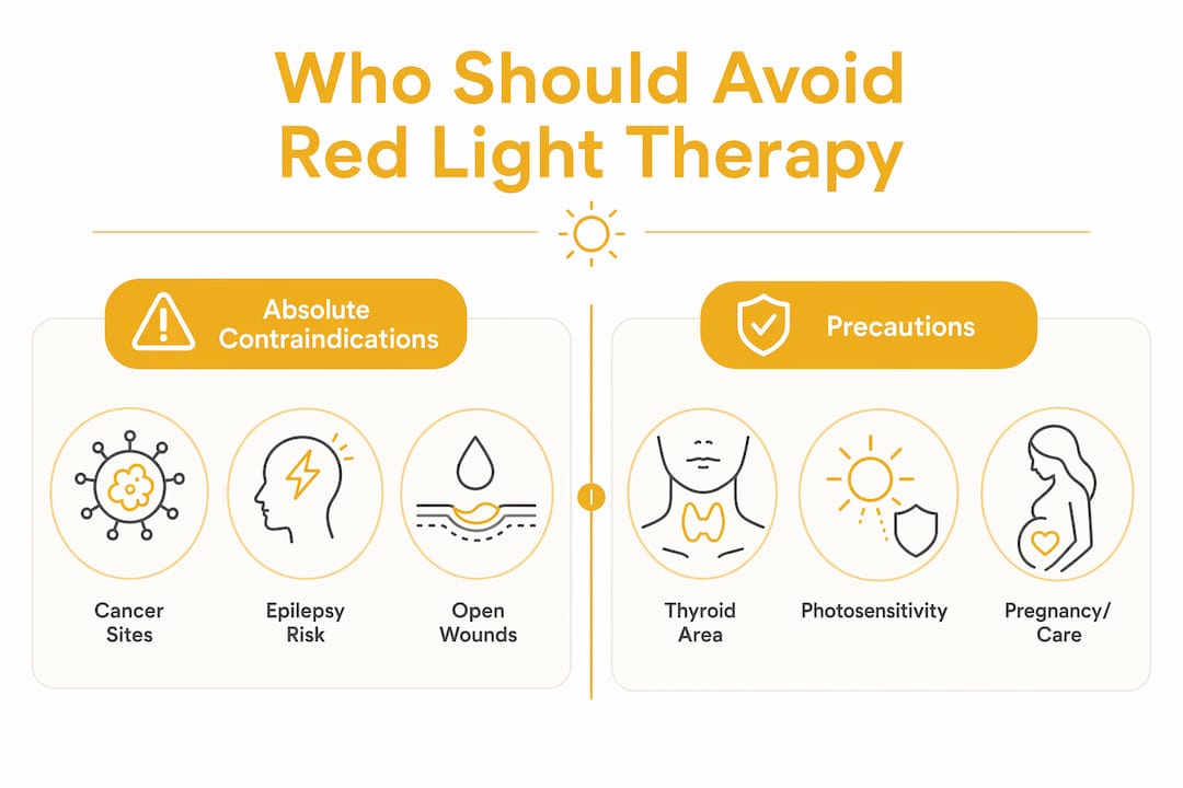 Infographic listing red light therapy contraindications and precautions