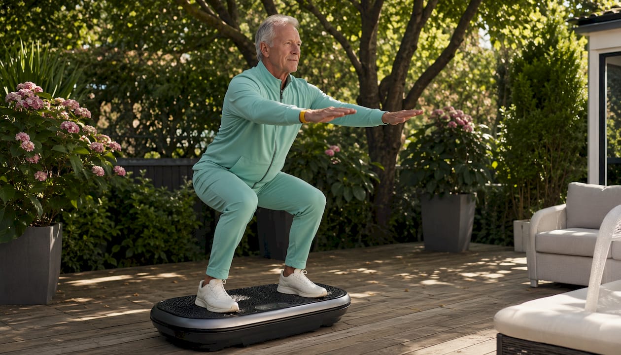 Senior man exercising on vibration plate at home gym