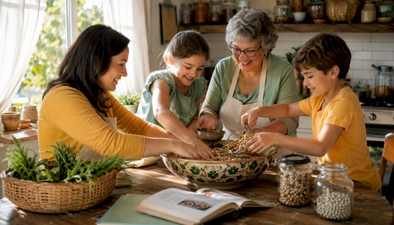 Hands soaking legumes and grains in kitchen sink
