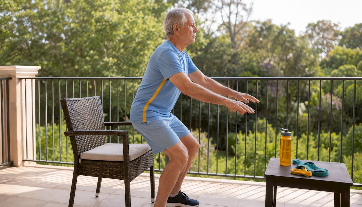Senior man doing sit-to-stand exercise