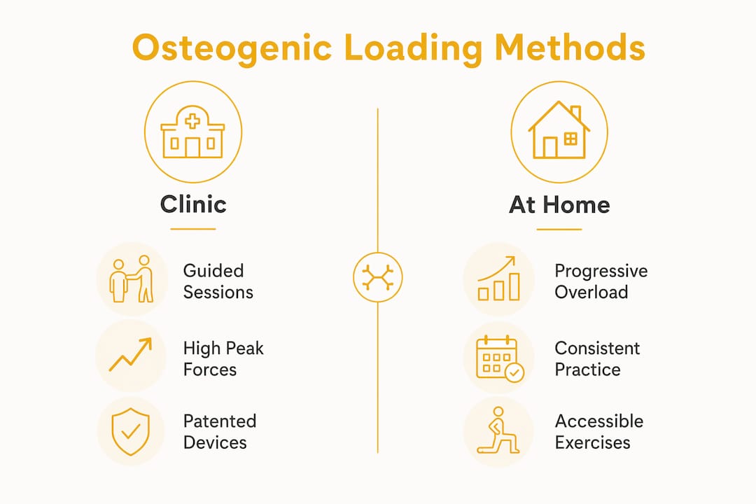 Infographic comparing clinic and at-home osteogenic loading