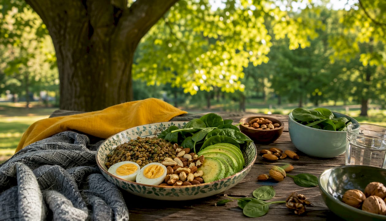 Overhead view of magnesium and potassium rich foods