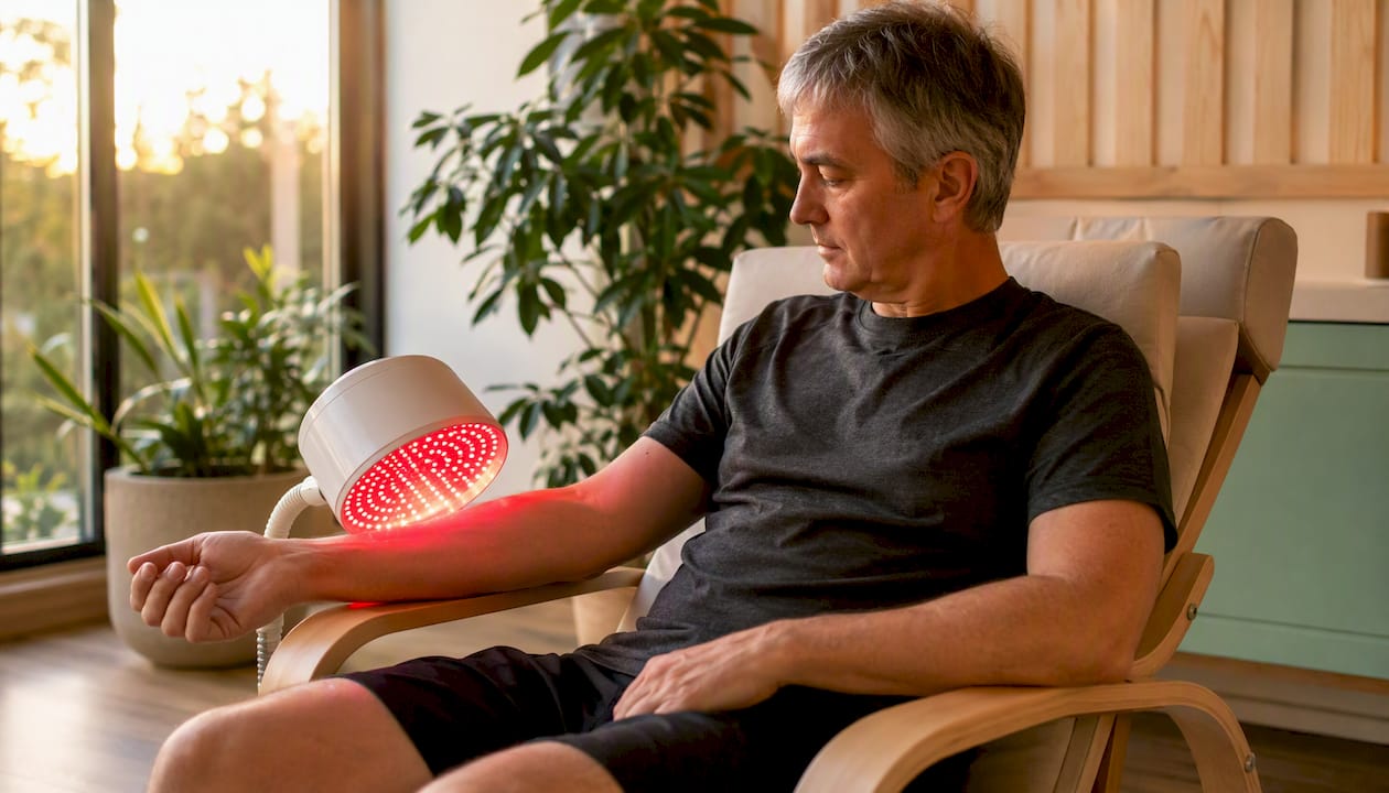 Close-up of wrist joint receiving red light therapy