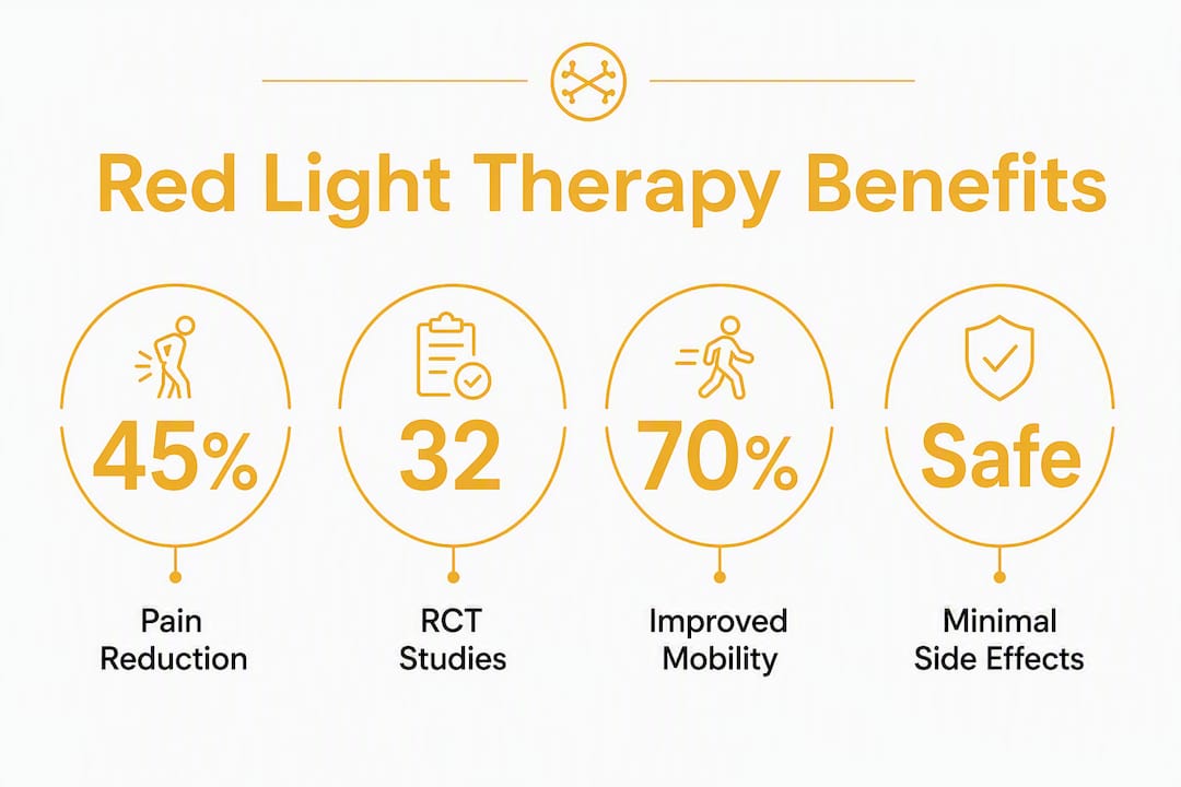 Infographic summarizing clinical benefits of red light therapy for arthritis