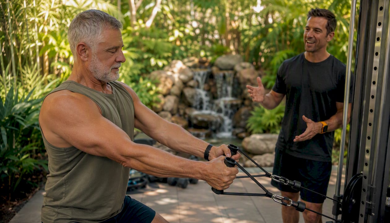 Older man performing resistance exercise under supervision