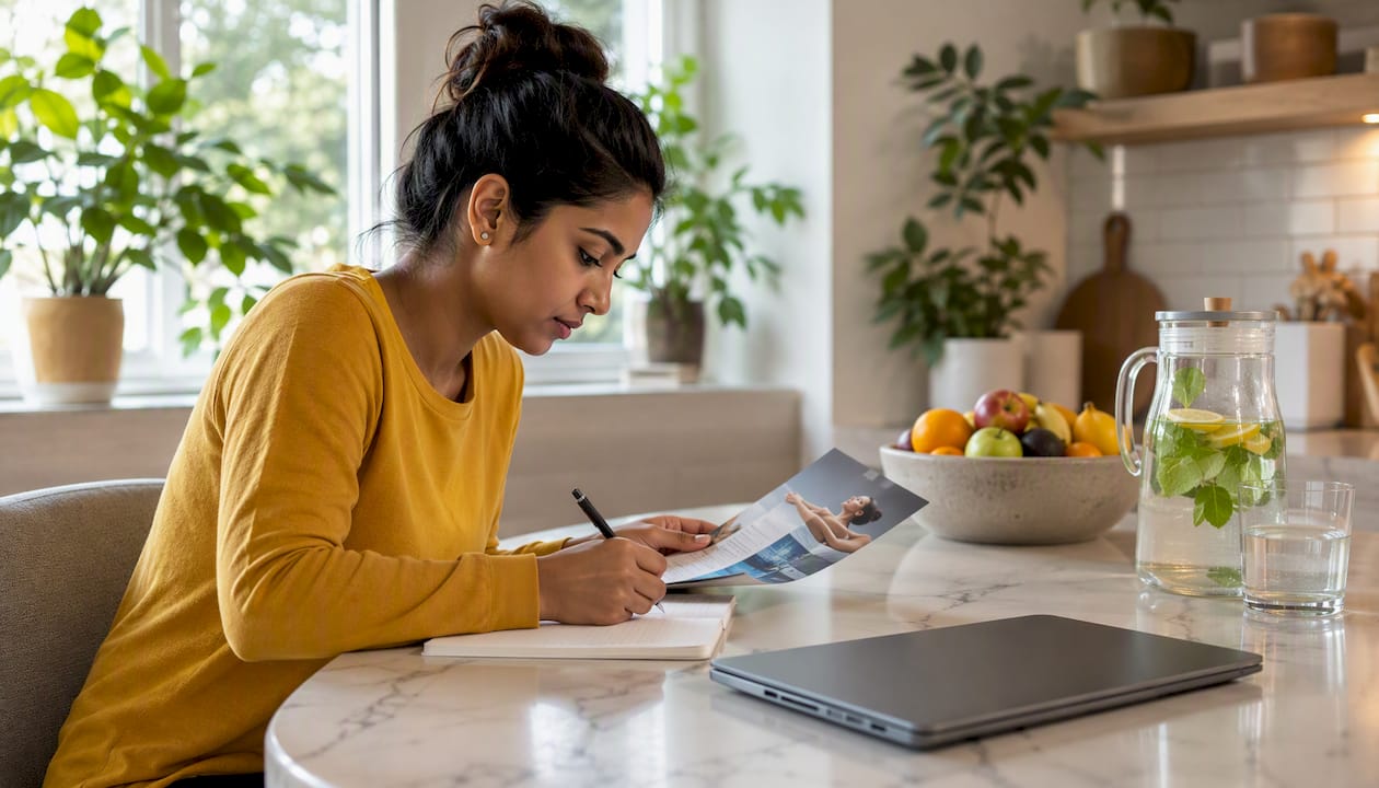 Woman calculating gym membership costs at home office desk
