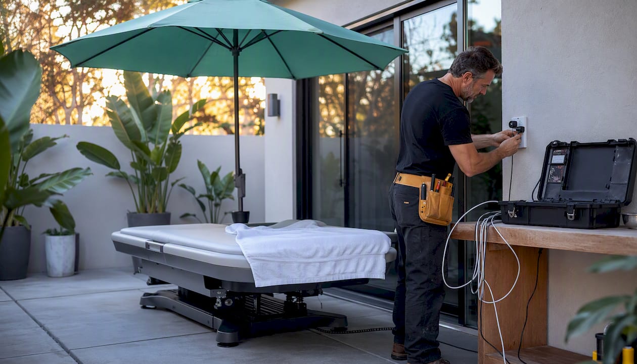 Hydromassage home unit with electrician inspecting panel