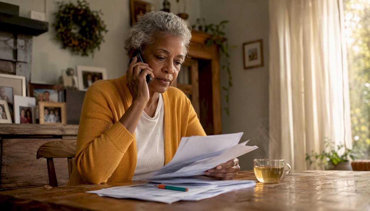 Woman calling billing department at home
