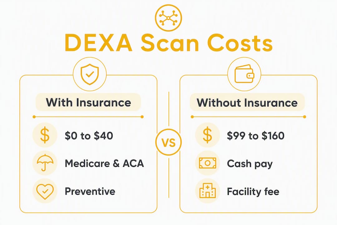 Infographic comparing DEXA scan costs with and without insurance