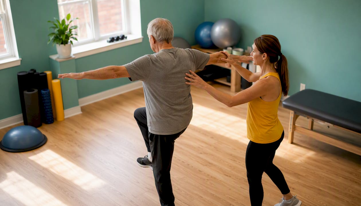Physical therapist assisting elderly man with balance