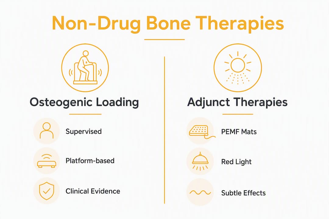 Infographic comparing osteogenic loading and adjunct bone therapies
