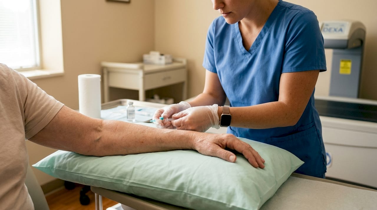 Nurse adjusting IV line for contrast injection