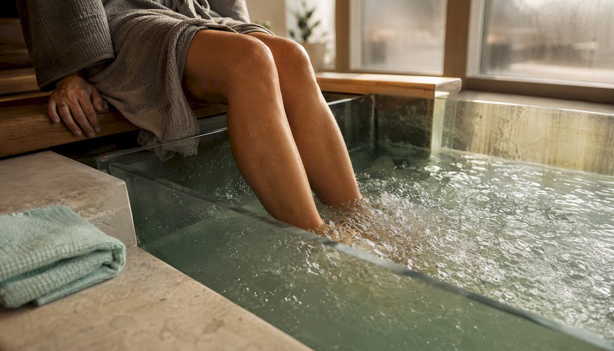 Lower legs in warm water jets