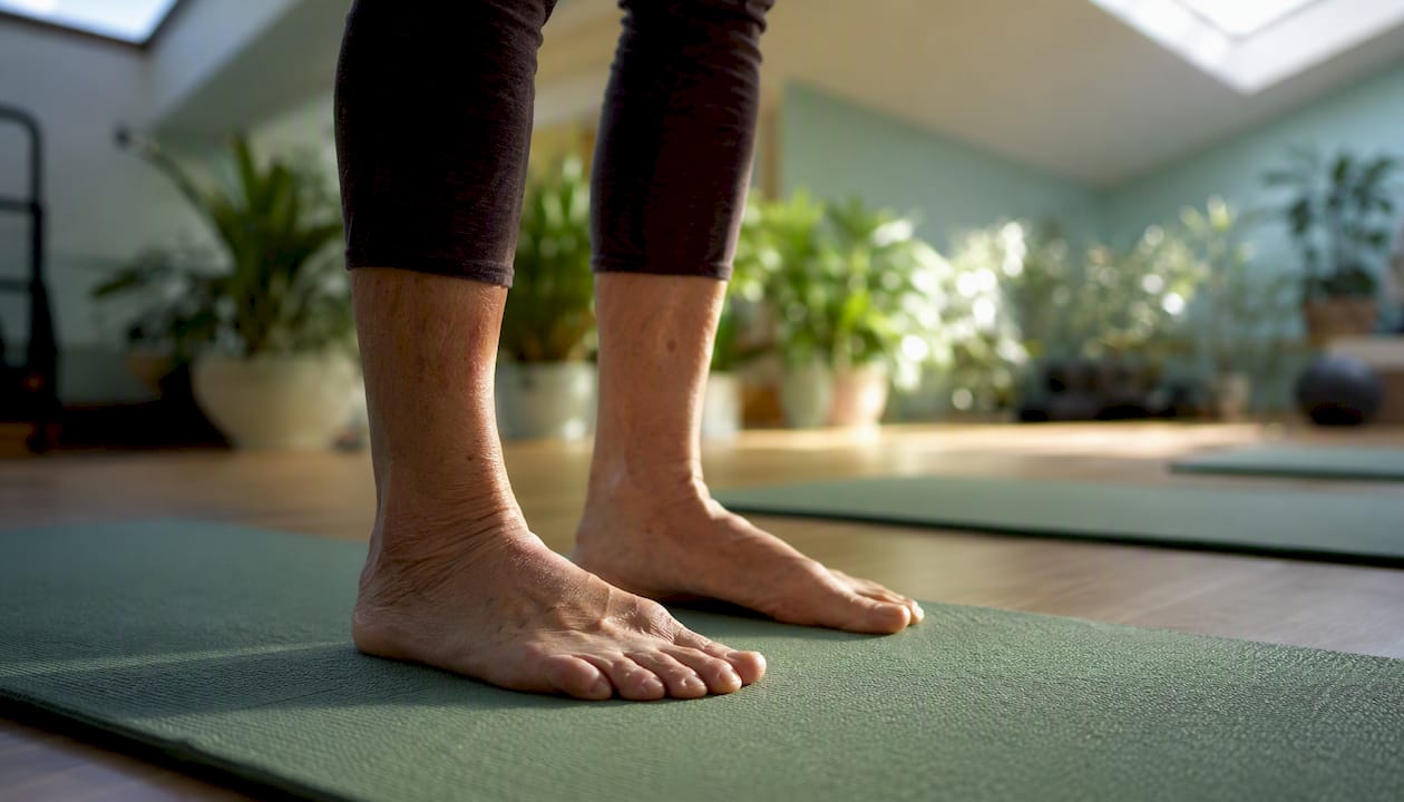 Senior person's feet steady on floor for balance