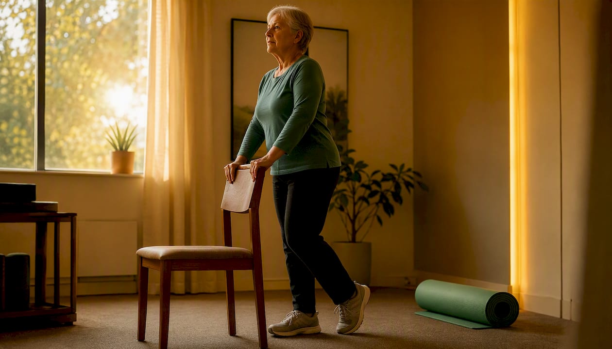 Senior doing weight shifts holding chair