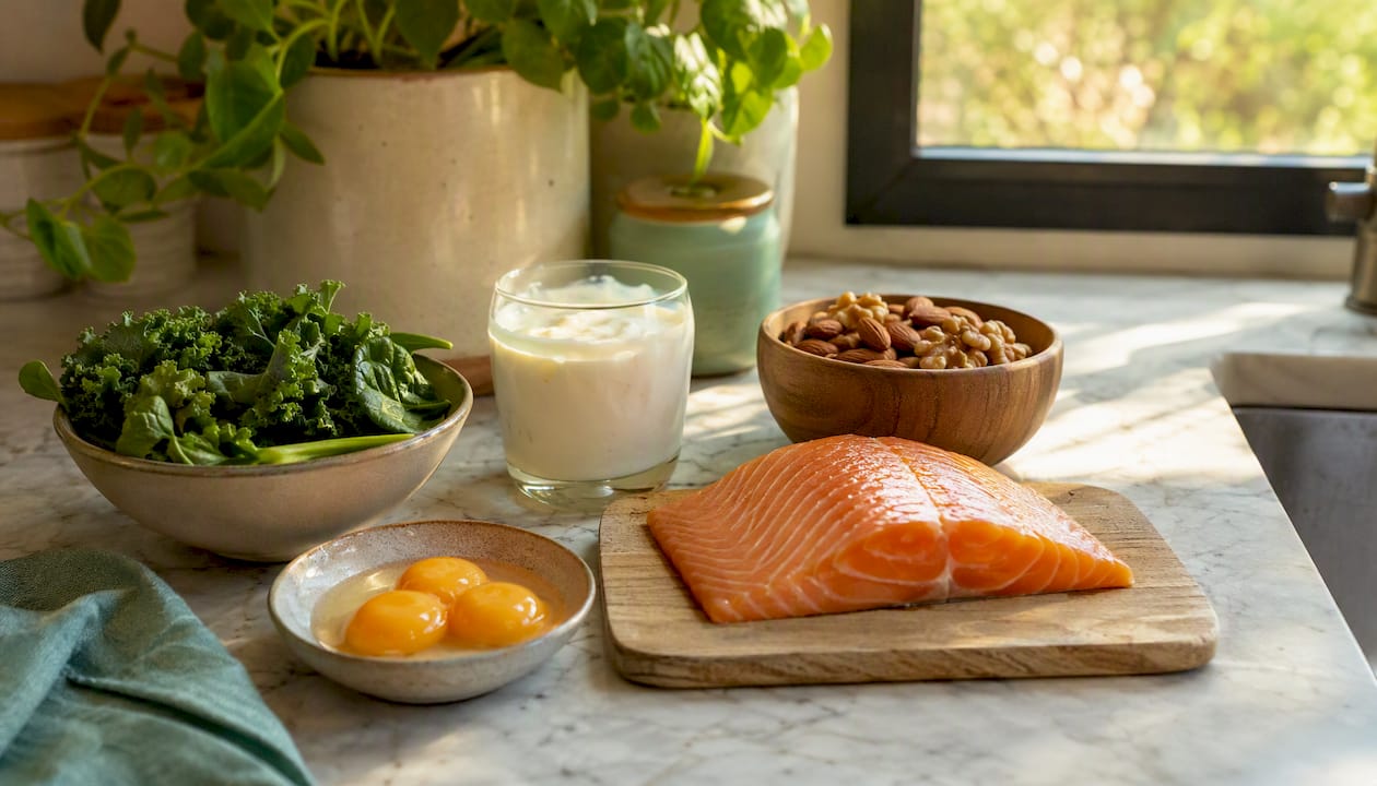 Calcium-rich foods on kitchen counter