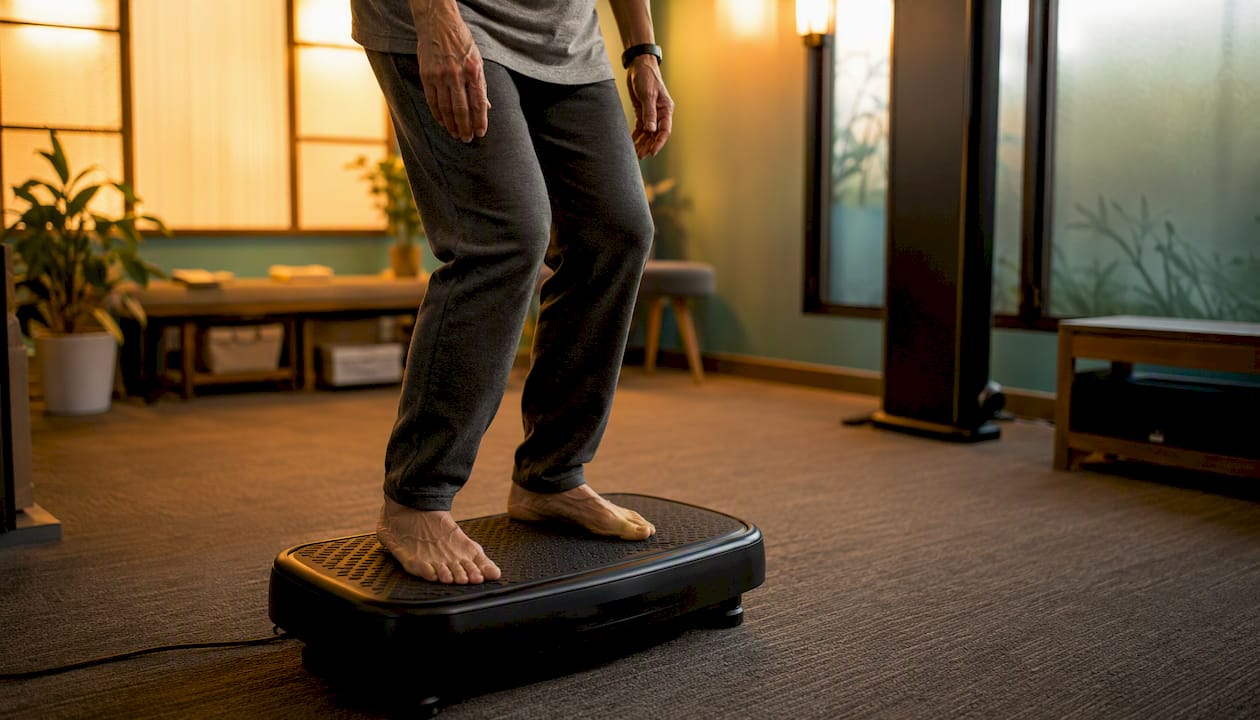 Older adult balancing on vibration plate in therapy room