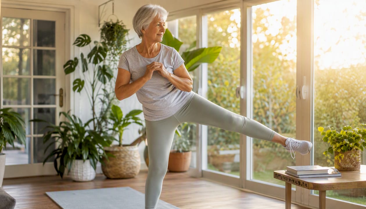 Senior woman doing leg swings as warm-up at home