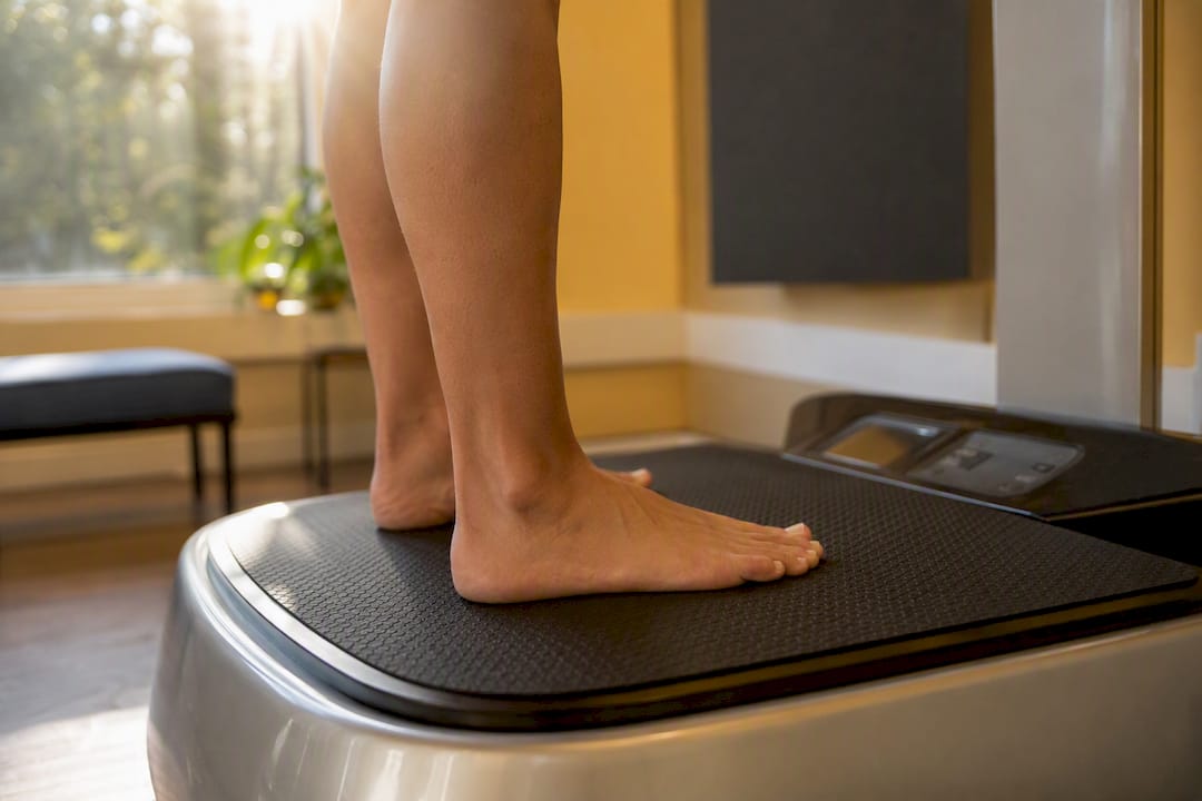 Feet on vibration plate for bone stimulation
