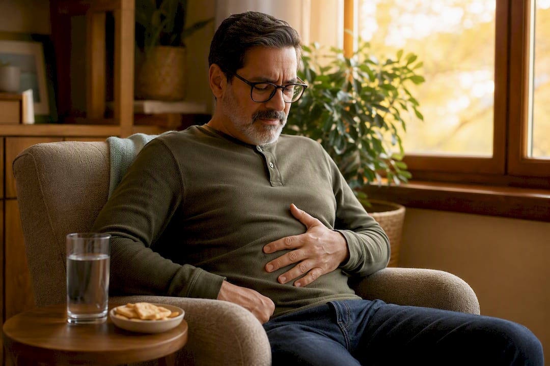 Person with mild stomach discomfort at kitchen table
