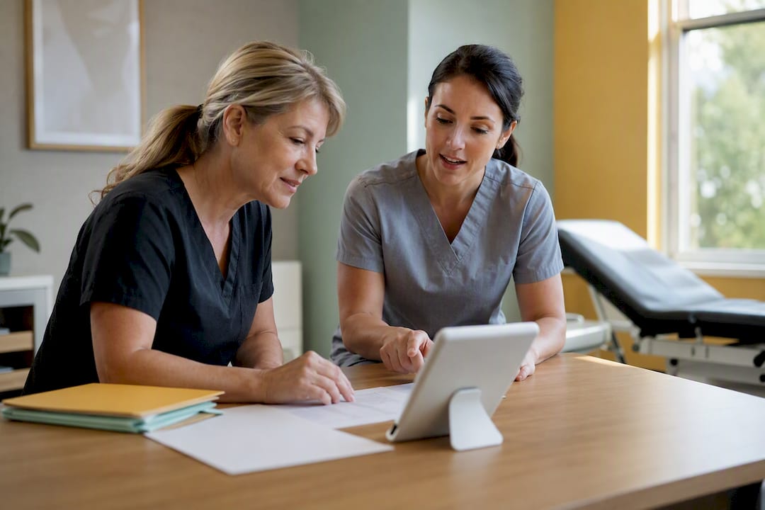 Hands with tablet and DXA printout in wellness clinic
