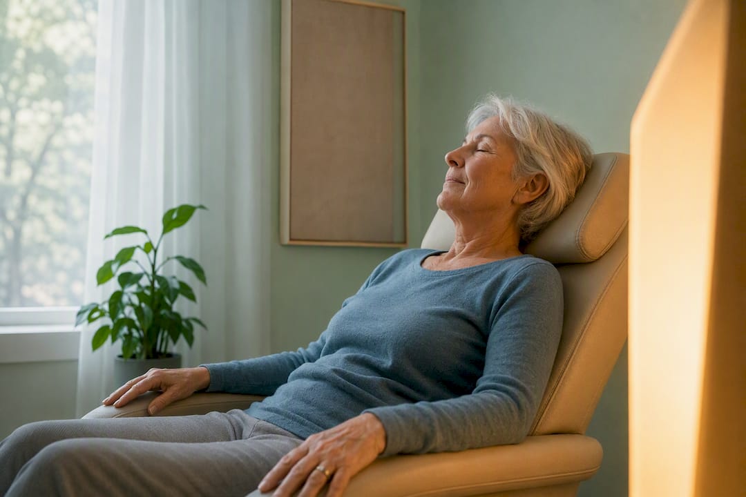 Senior adult relaxing near BioCharger device