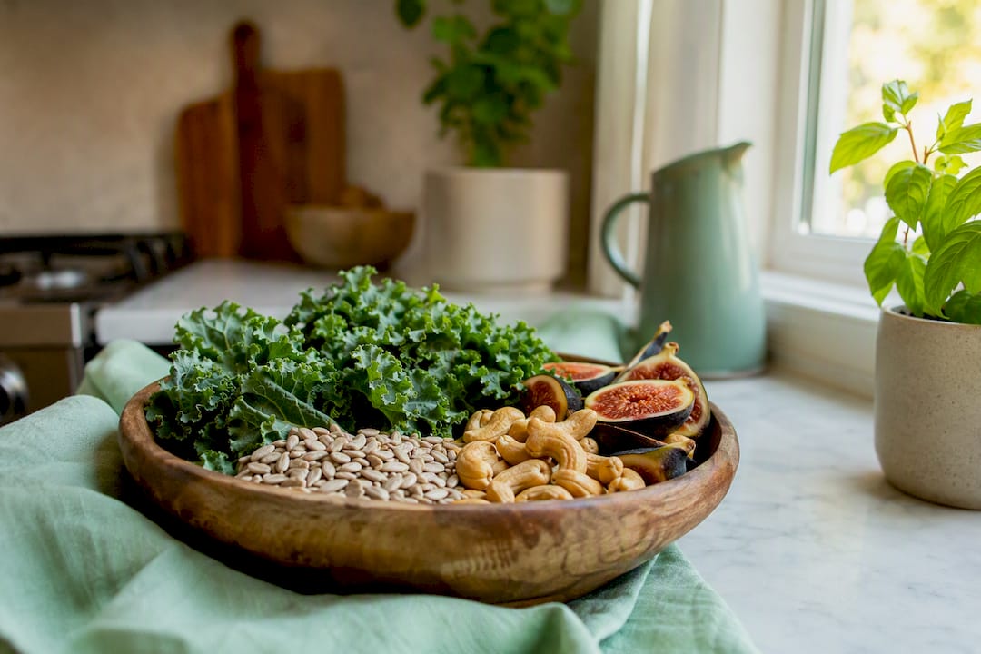 Bowl of magnesium-rich foods on kitchen table
