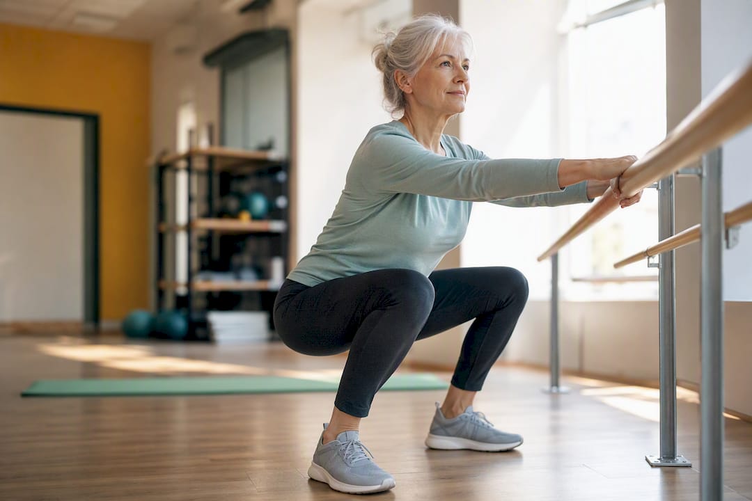 Woman performing weight-bearing exercise in wellness center