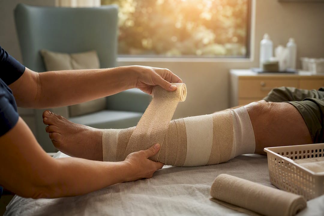 Applying multilayer compression bandage on leg ulcer