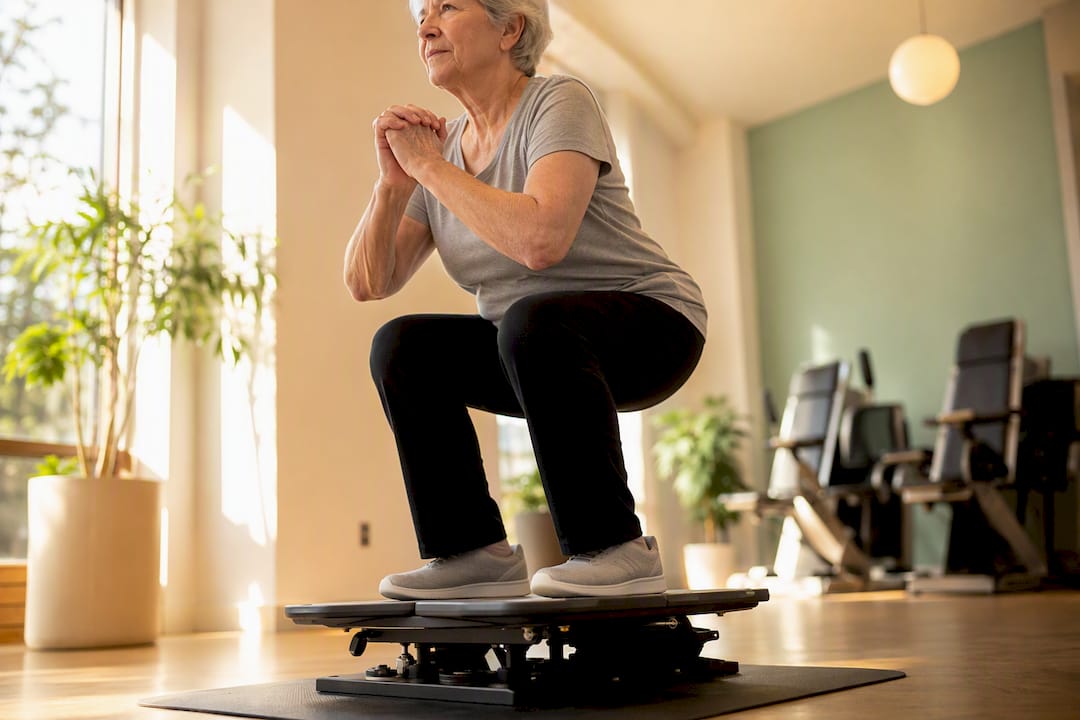 Senior woman doing osteogenic loading squat exercise