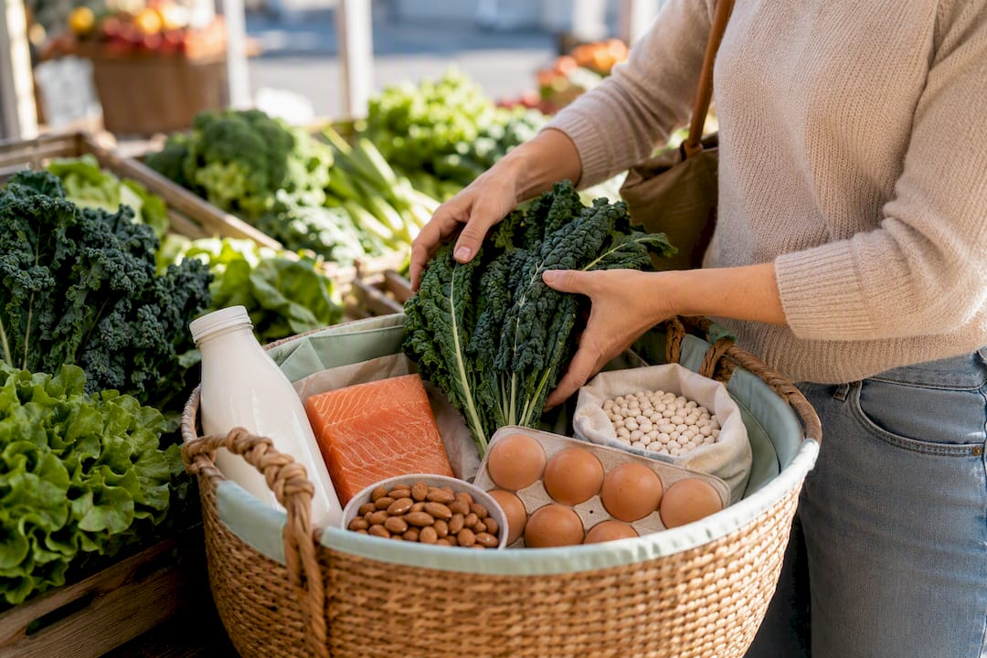 Calcium and protein-rich foods in market basket