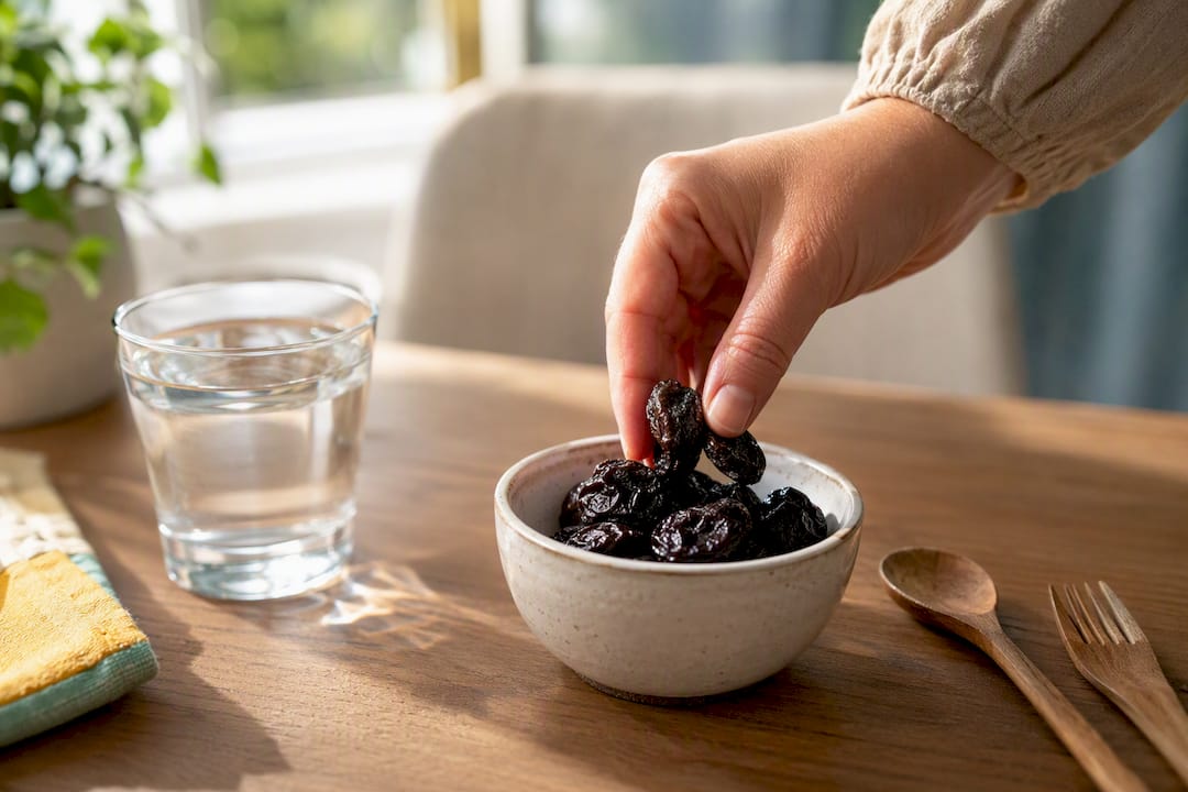 Dried prunes in ceramic bowl