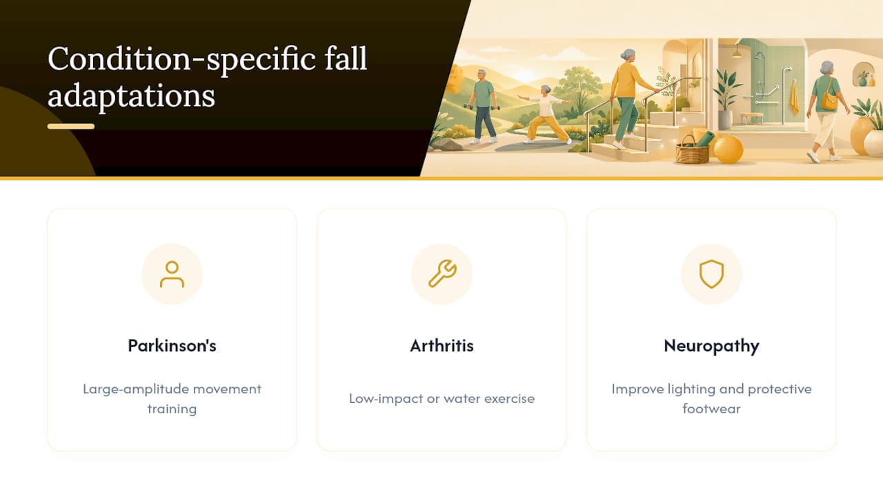 Fall prevention adaptations for three conditions