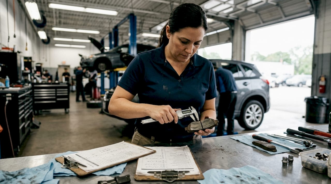 Service advisor measures brake pad thickness